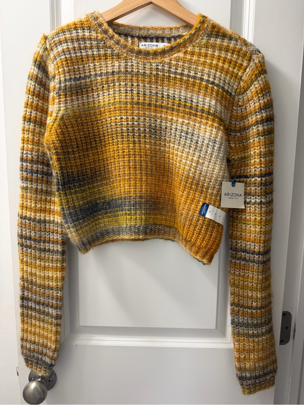Arizona Jean Company Cropped Striped Crew Sweater - Mustard, Gray, Cream
